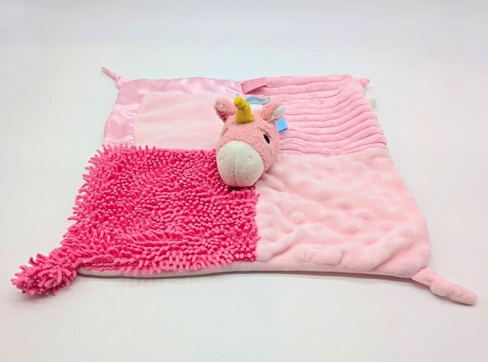 Make Believe Ideas Pink Plush Unicorn Lovey Security Blanket Sensory Knots Tags
